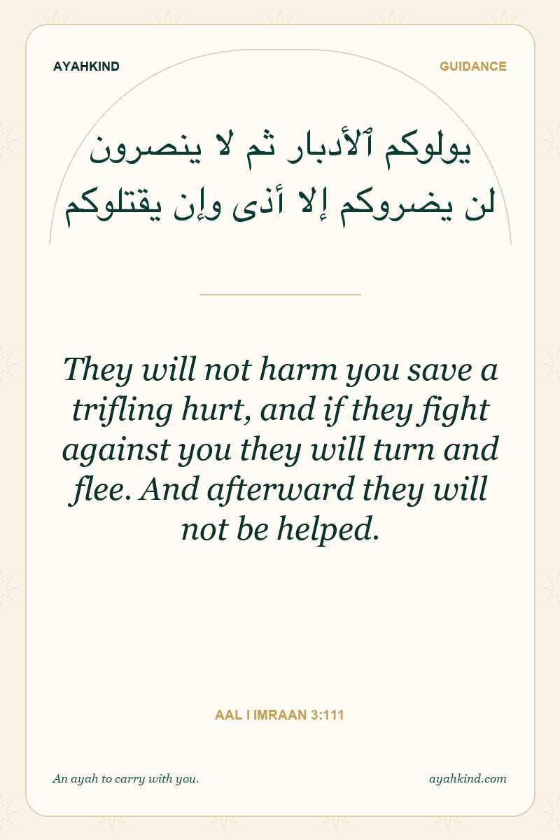 They will not harm you save a trifling hurt, and if they fight against you they will turn and flee. And afterward they will not be helped. — Aal i Imraan 3:111