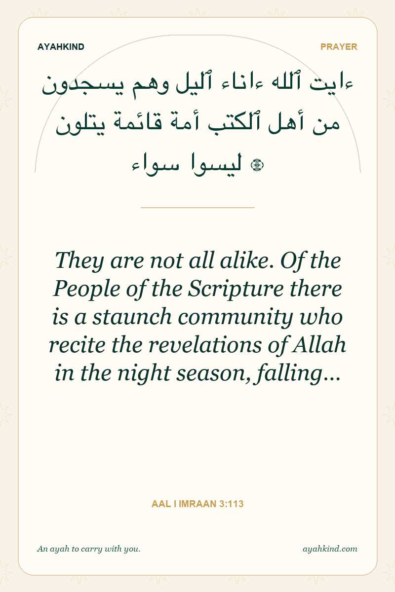 They are not all alike. Of the People of the Scripture there is a staunch community who recite the revelations of Allah in the night season, falling… — Aal i Imraan 3:113