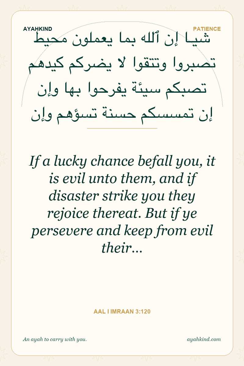 If a lucky chance befall you, it is evil unto them, and if disaster strike you they rejoice thereat. But if ye persevere and keep from evil their… — Aal i Imraan 3:120
