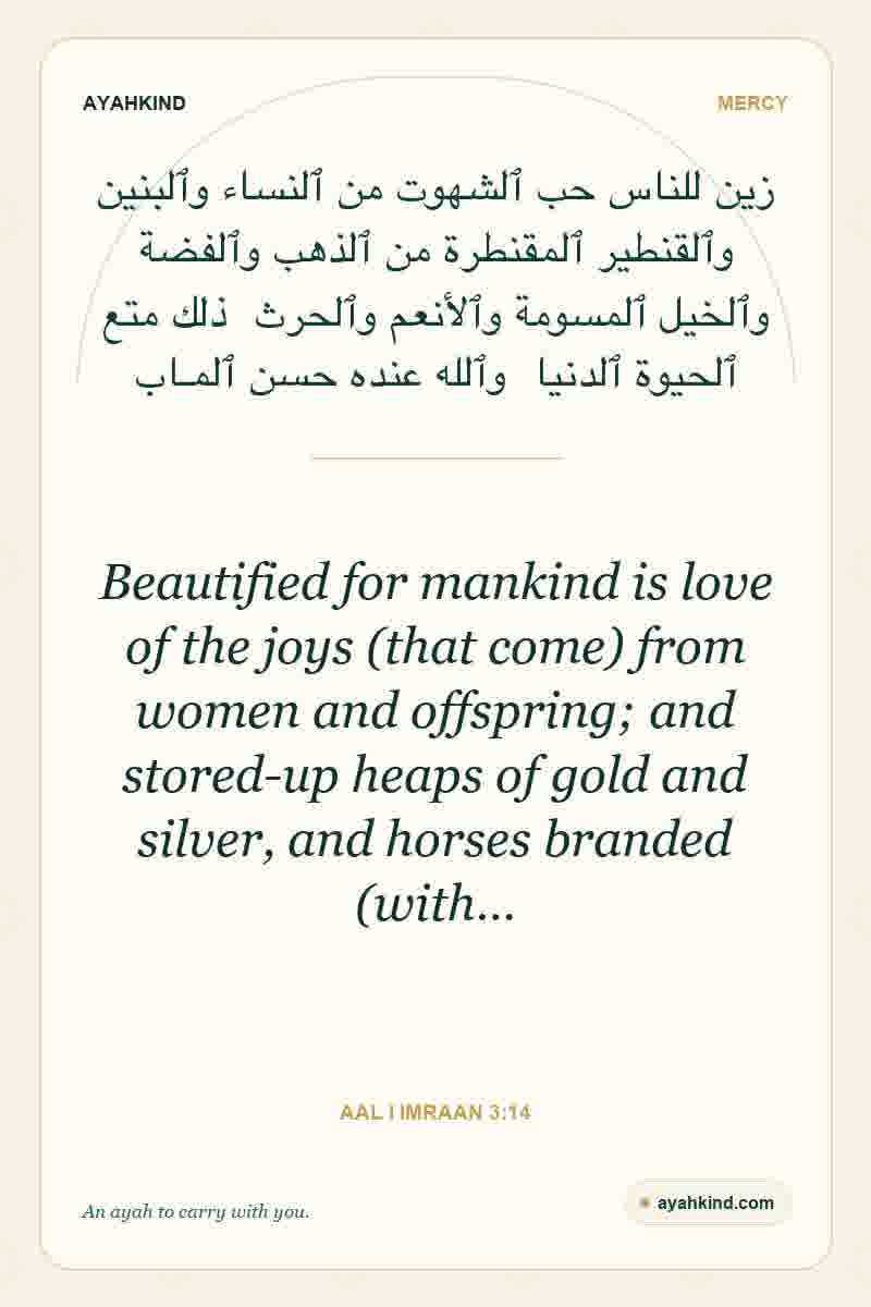 Beautified for mankind is love of the joys (that come) from women and offspring; and stored-up heaps of gold and silver, and horses branded (with… — Aal i Imraan 3:14