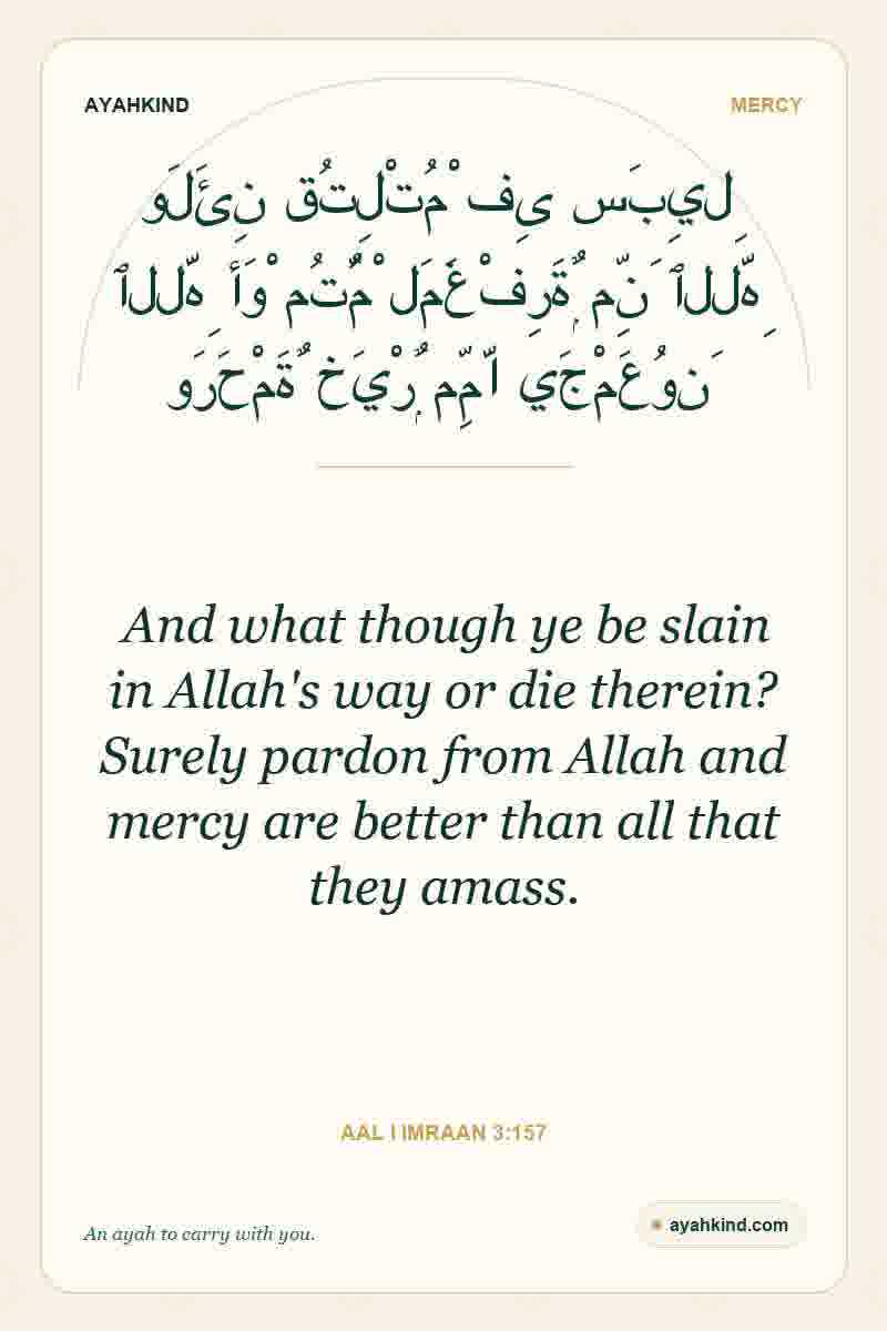 And what though ye be slain in Allah's way or die therein? Surely pardon from Allah and mercy are better than all that they amass. — Aal i Imraan 3:157