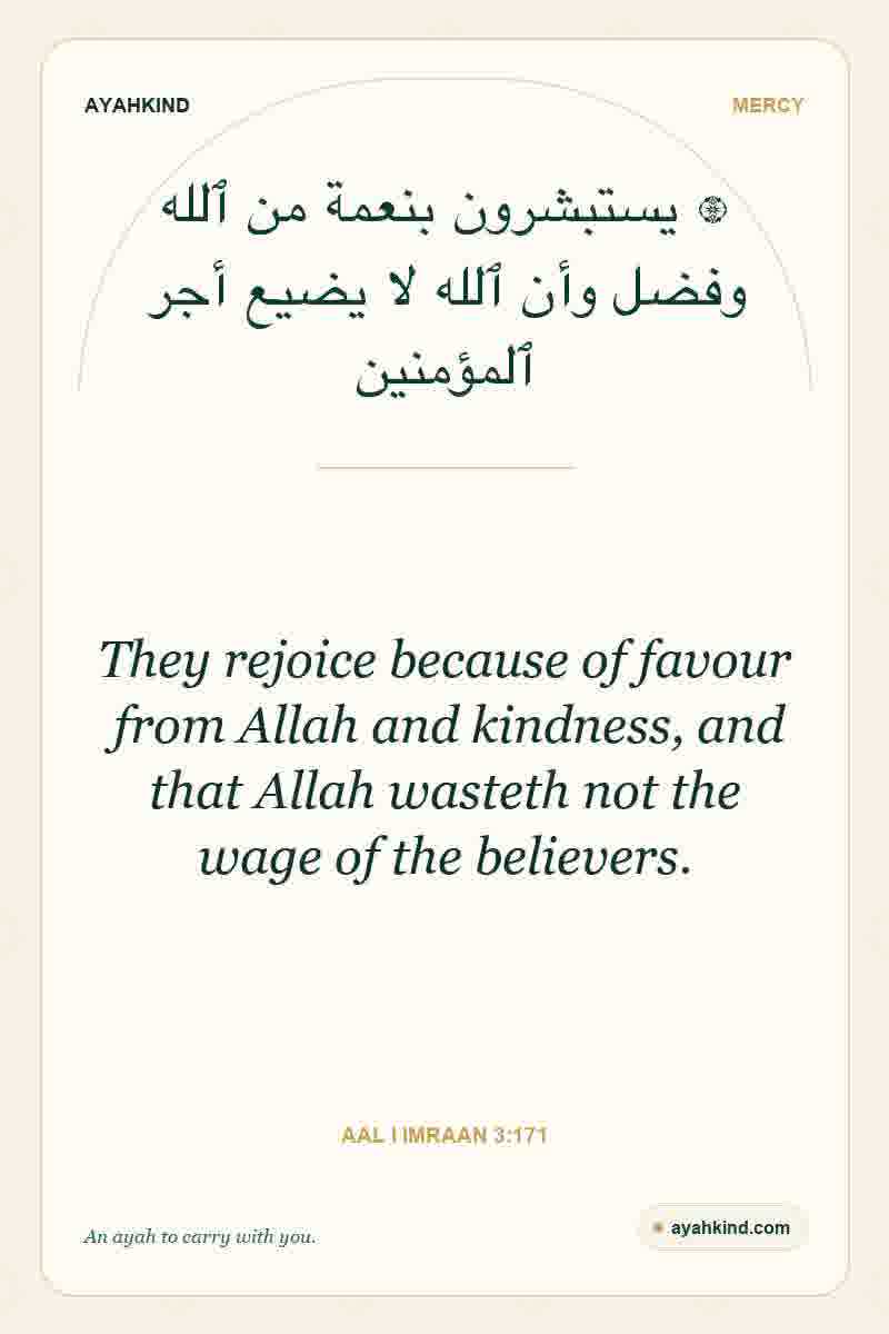 They rejoice because of favour from Allah and kindness, and that Allah wasteth not the wage of the believers. — Aal i Imraan 3:171