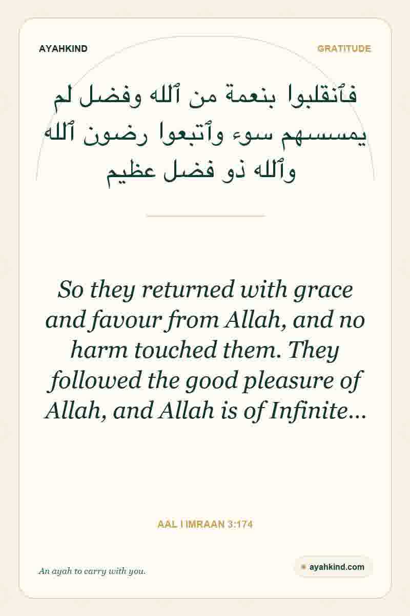 So they returned with grace and favour from Allah, and no harm touched them. They followed the good pleasure of Allah, and Allah is of Infinite… — Aal i Imraan 3:174
