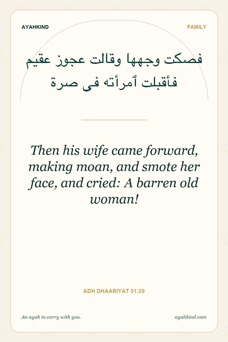 Then his wife came forward, making moan, and smote her face, and cried: A barren old woman! — Adh Dhaariyat 51:29