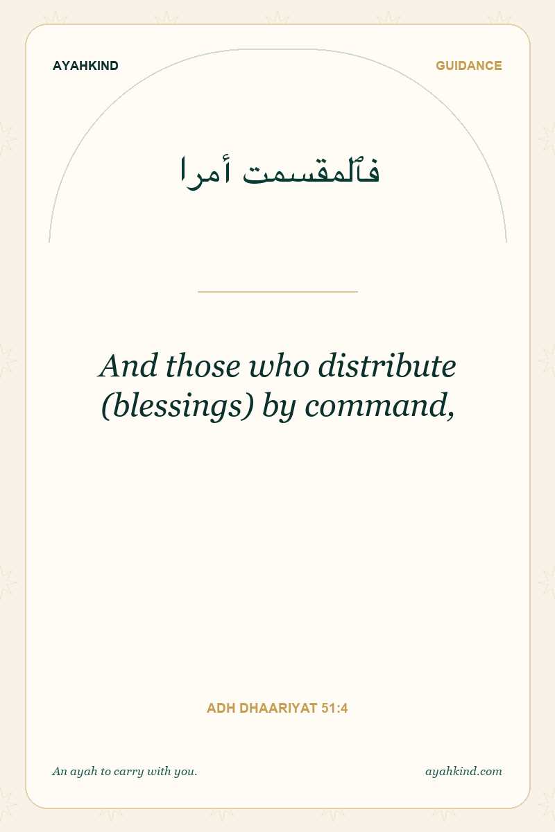 And those who distribute (blessings) by command, — Adh Dhaariyat 51:4