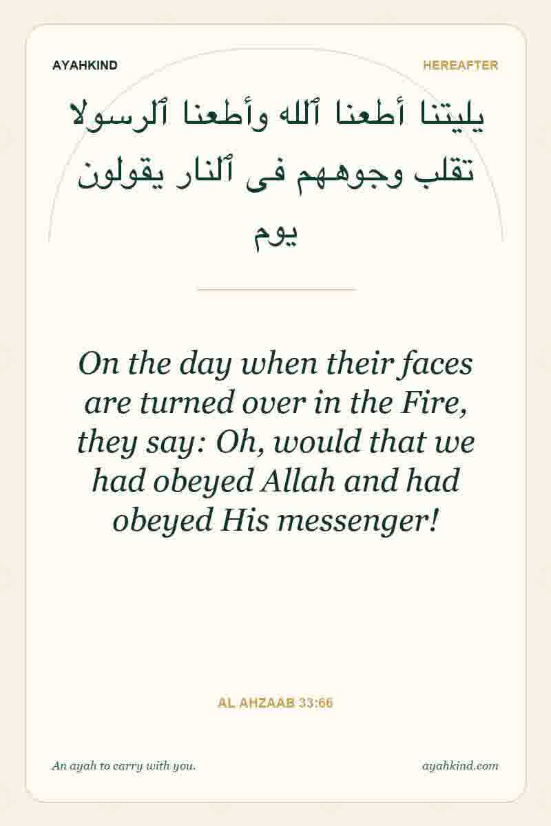 On the day when their faces are turned over in the Fire, they say: Oh, would that we had obeyed Allah and had obeyed His messenger! — Al Ahzaab 33:66