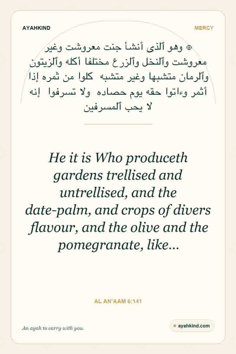 He it is Who produceth gardens trellised and untrellised, and the date-palm, and crops of divers flavour, and the olive and the pomegranate, like… — Al An'aam 6:141