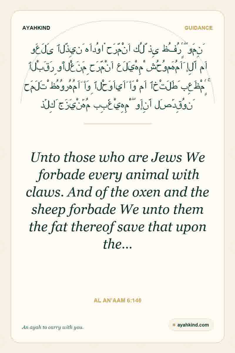 Unto those who are Jews We forbade every animal with claws. And of the oxen and the sheep forbade We unto them the fat thereof save that upon the… — Al An'aam 6:146