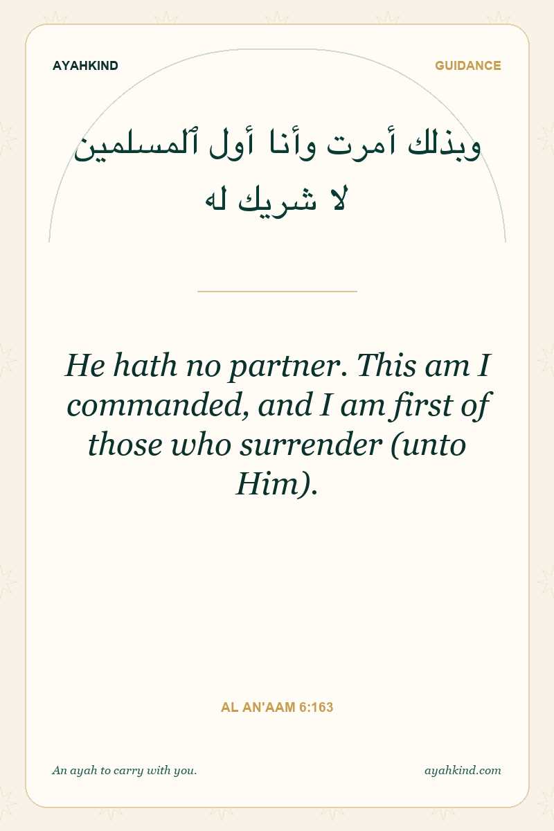 He hath no partner. This am I commanded, and I am first of those who surrender (unto Him). — Al An'aam 6:163