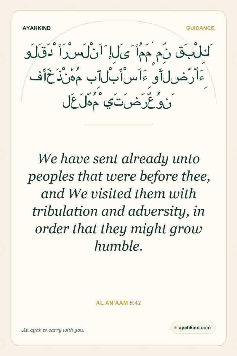 We have sent already unto peoples that were before thee, and We visited them with tribulation and adversity, in order that they might grow humble. — Al An'aam 6:42