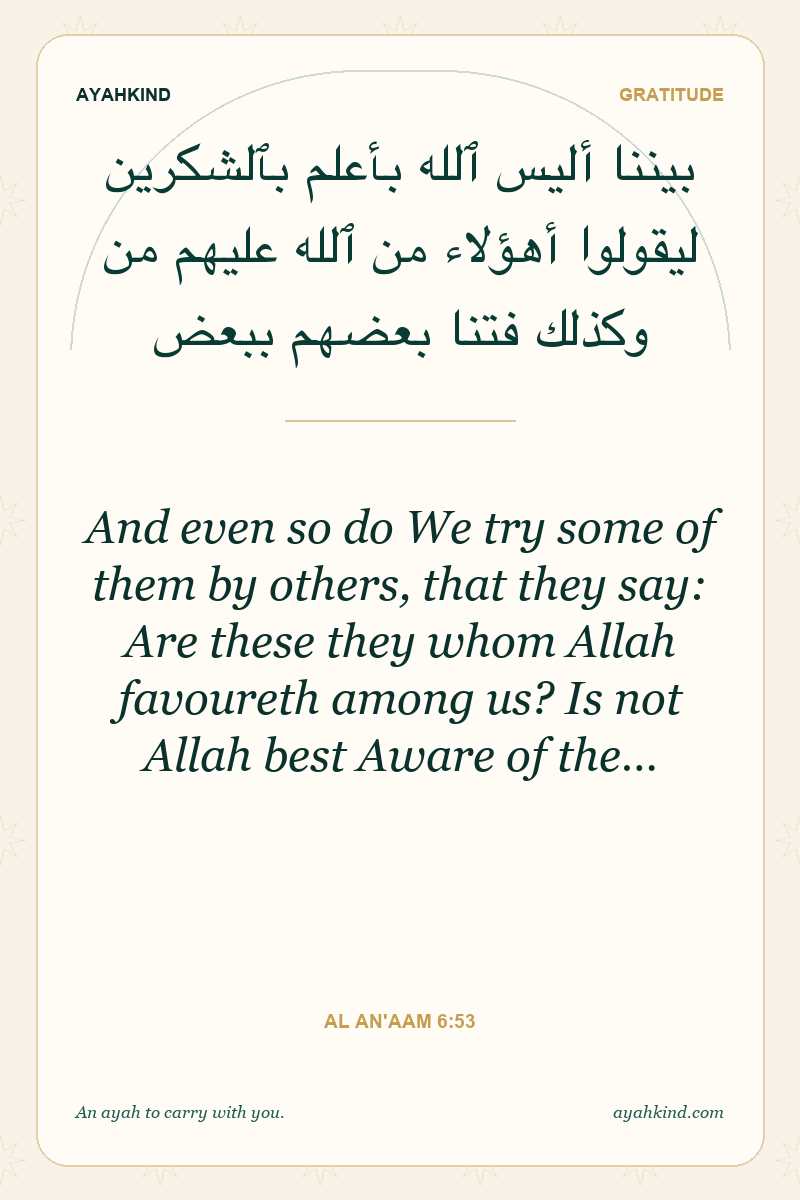 And even so do We try some of them by others, that they say: Are these they whom Allah favoureth among us? Is not Allah best Aware of the… — Al An'aam 6:53