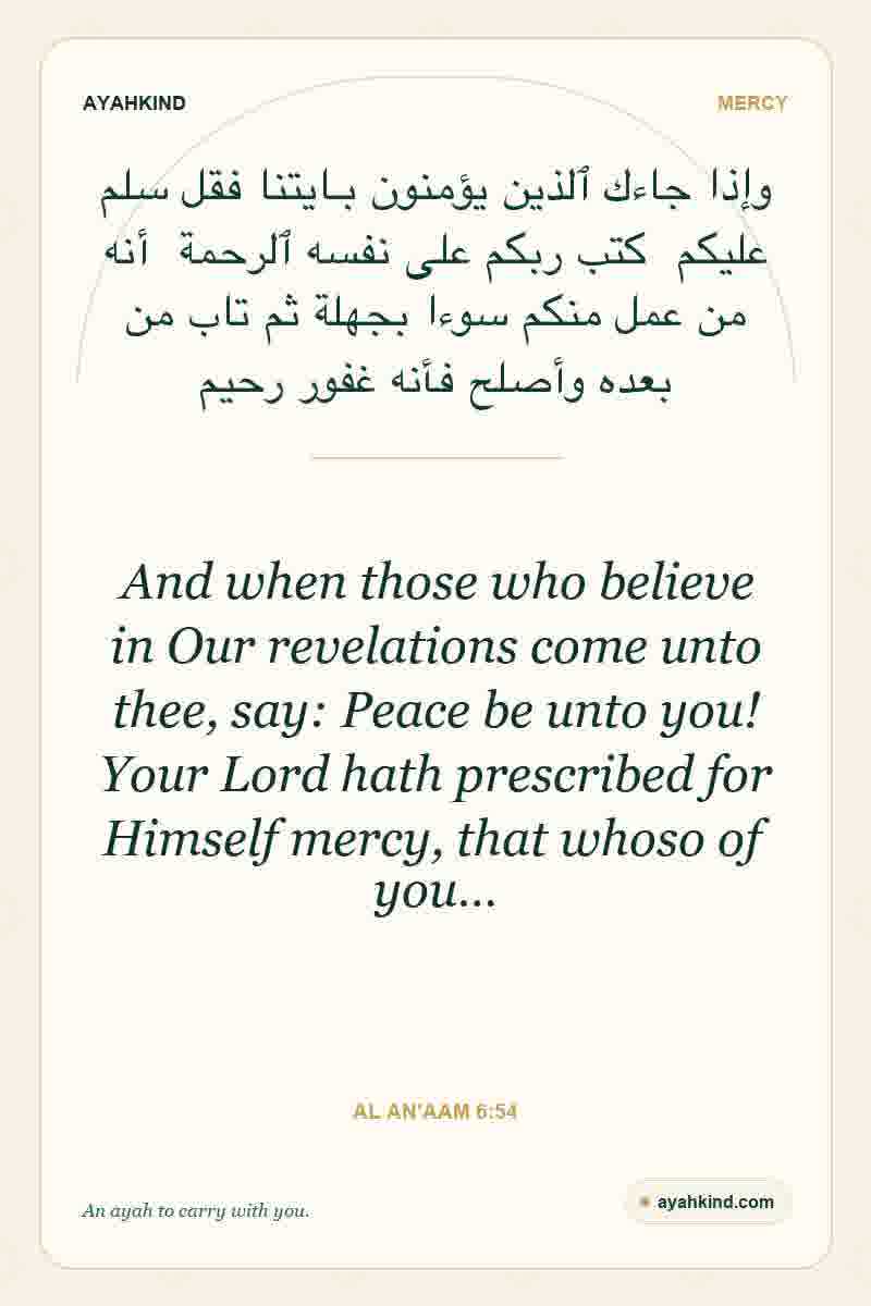 And when those who believe in Our revelations come unto thee, say: Peace be unto you! Your Lord hath prescribed for Himself mercy, that whoso of you… — Al An'aam 6:54