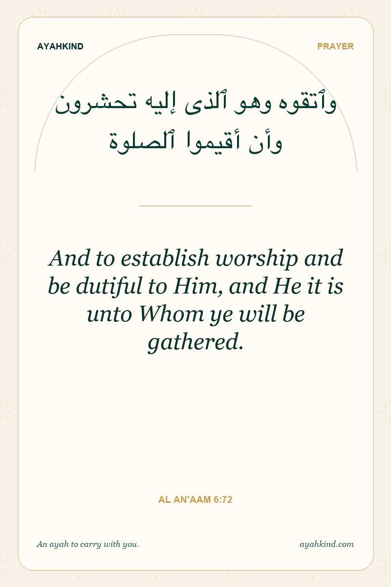 And to establish worship and be dutiful to Him, and He it is unto Whom ye will be gathered. — Al An'aam 6:72