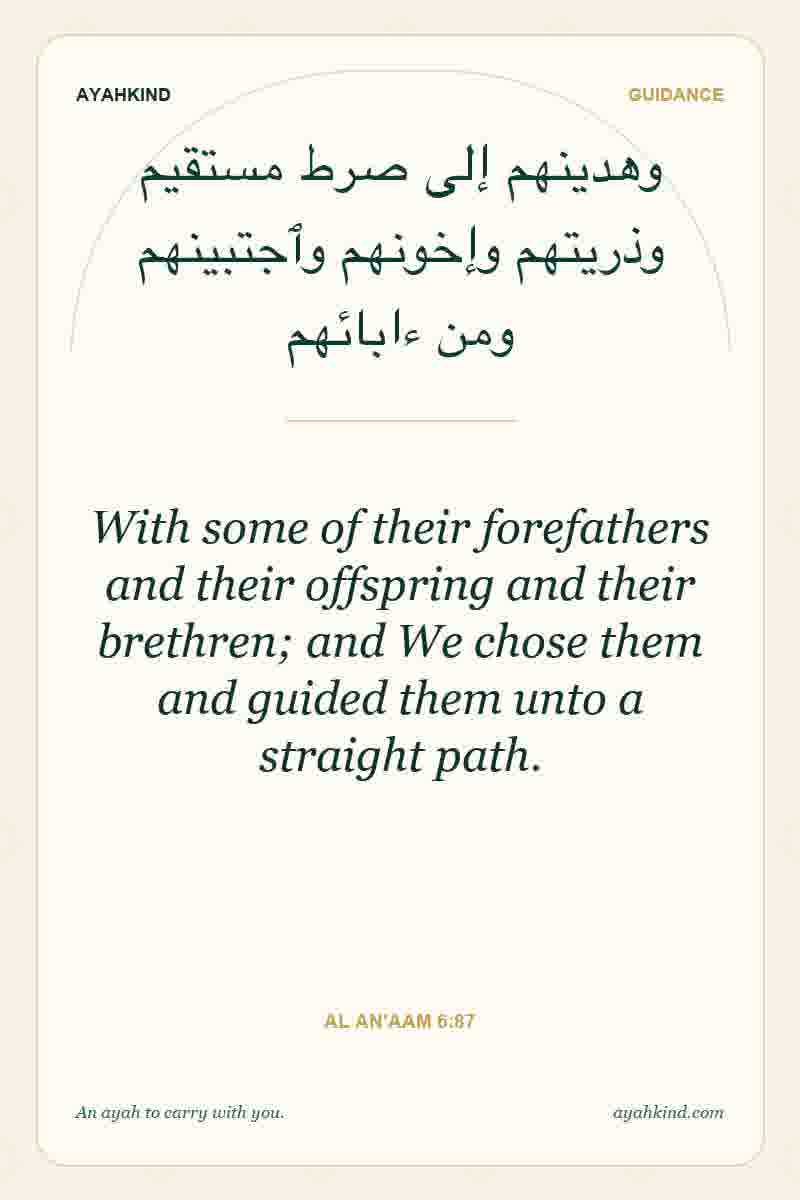With some of their forefathers and their offspring and their brethren; and We chose them and guided them unto a straight path. — Al An'aam 6:87