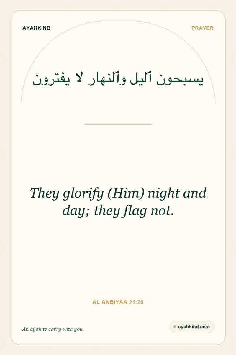 They glorify (Him) night and day; they flag not. — Al Anbiyaa 21:20