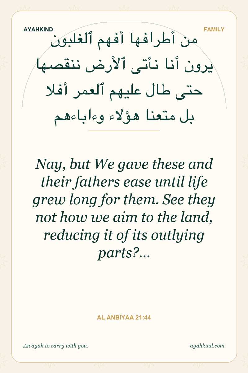 Nay, but We gave these and their fathers ease until life grew long for them. See they not how we aim to the land, reducing it of its outlying parts?… — Al Anbiyaa 21:44