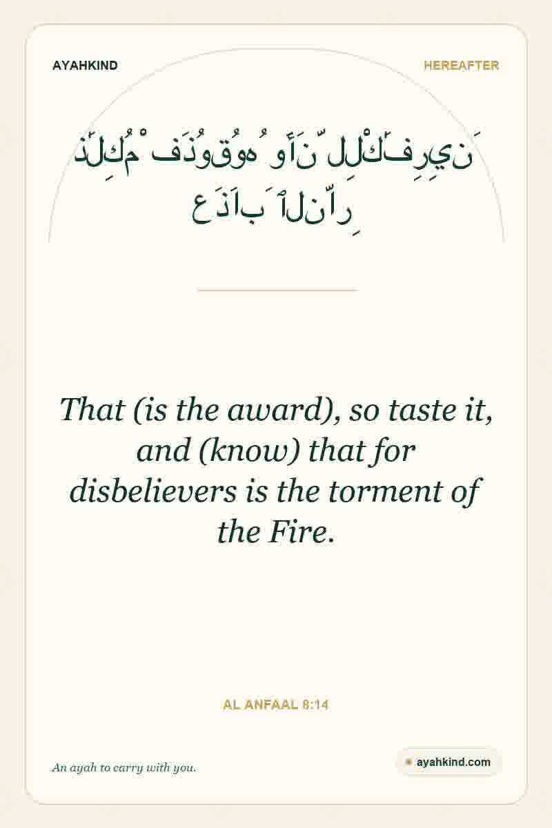 That (is the award), so taste it, and (know) that for disbelievers is the torment of the Fire. — Al Anfaal 8:14