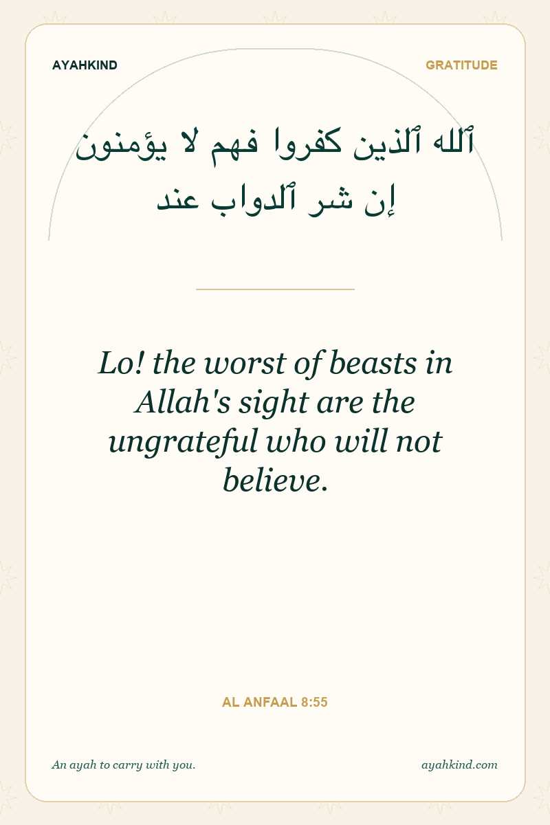 Lo! the worst of beasts in Allah's sight are the ungrateful who will not believe. — Al Anfaal 8:55
