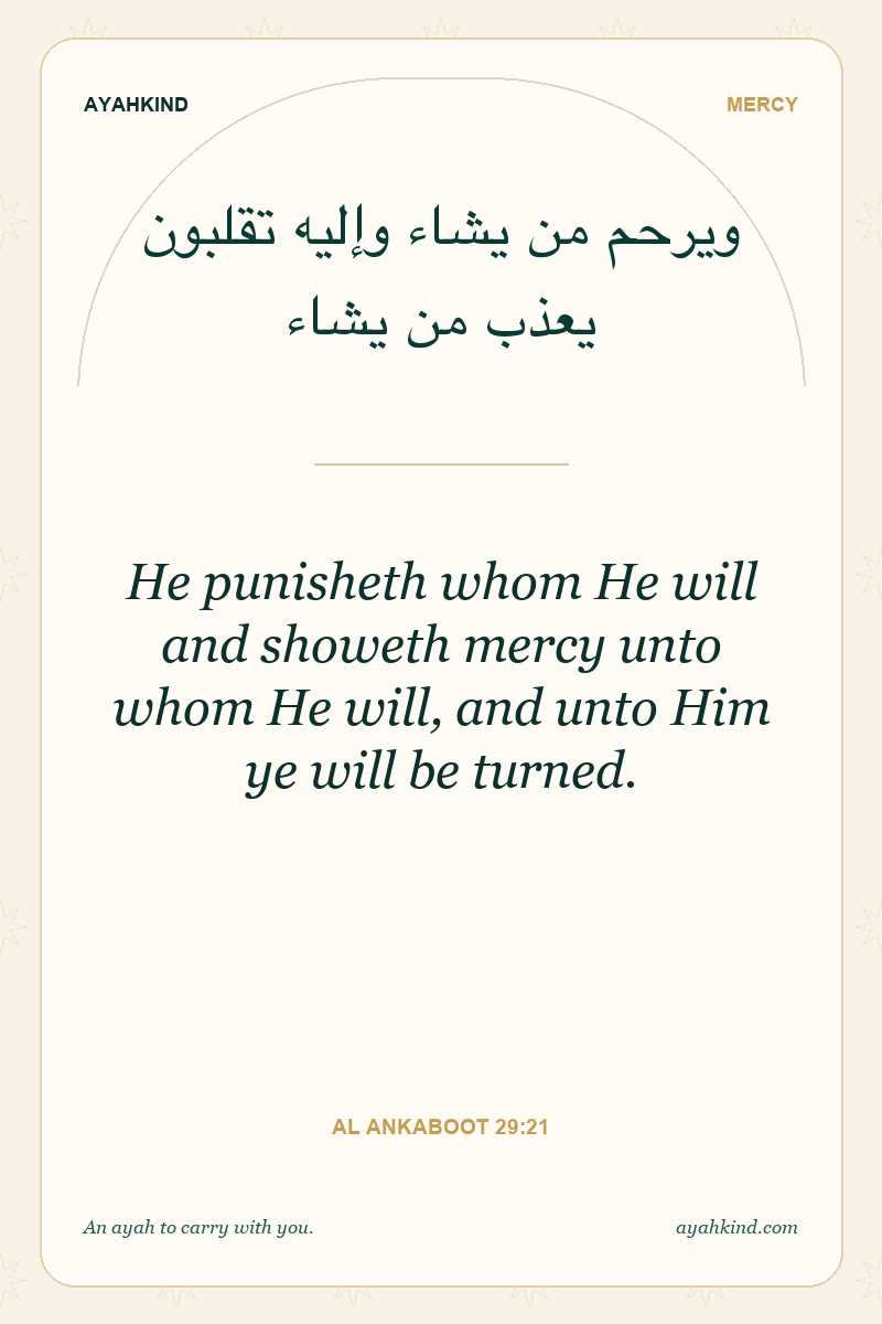 He punisheth whom He will and showeth mercy unto whom He will, and unto Him ye will be turned. — Al Ankaboot 29:21