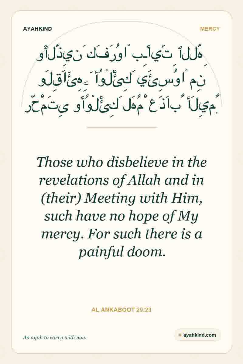Those who disbelieve in the revelations of Allah and in (their) Meeting with Him, such have no hope of My mercy. For such there is a painful doom. — Al Ankaboot 29:23
