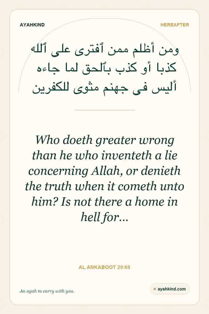 Who doeth greater wrong than he who inventeth a lie concerning Allah, or denieth the truth when it cometh unto him? Is not there a home in hell for… — Al Ankaboot 29:68