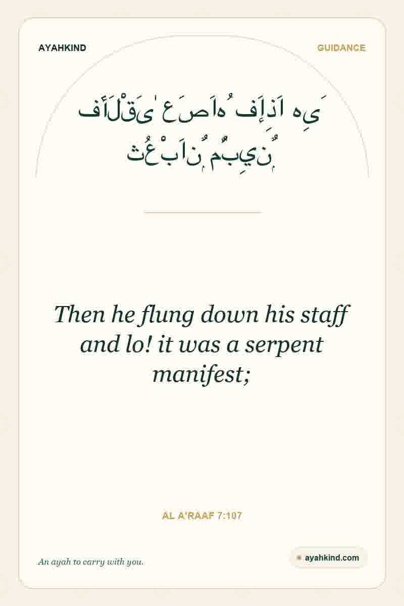 Then he flung down his staff and lo! it was a serpent manifest; — Al A'raaf 7:107
