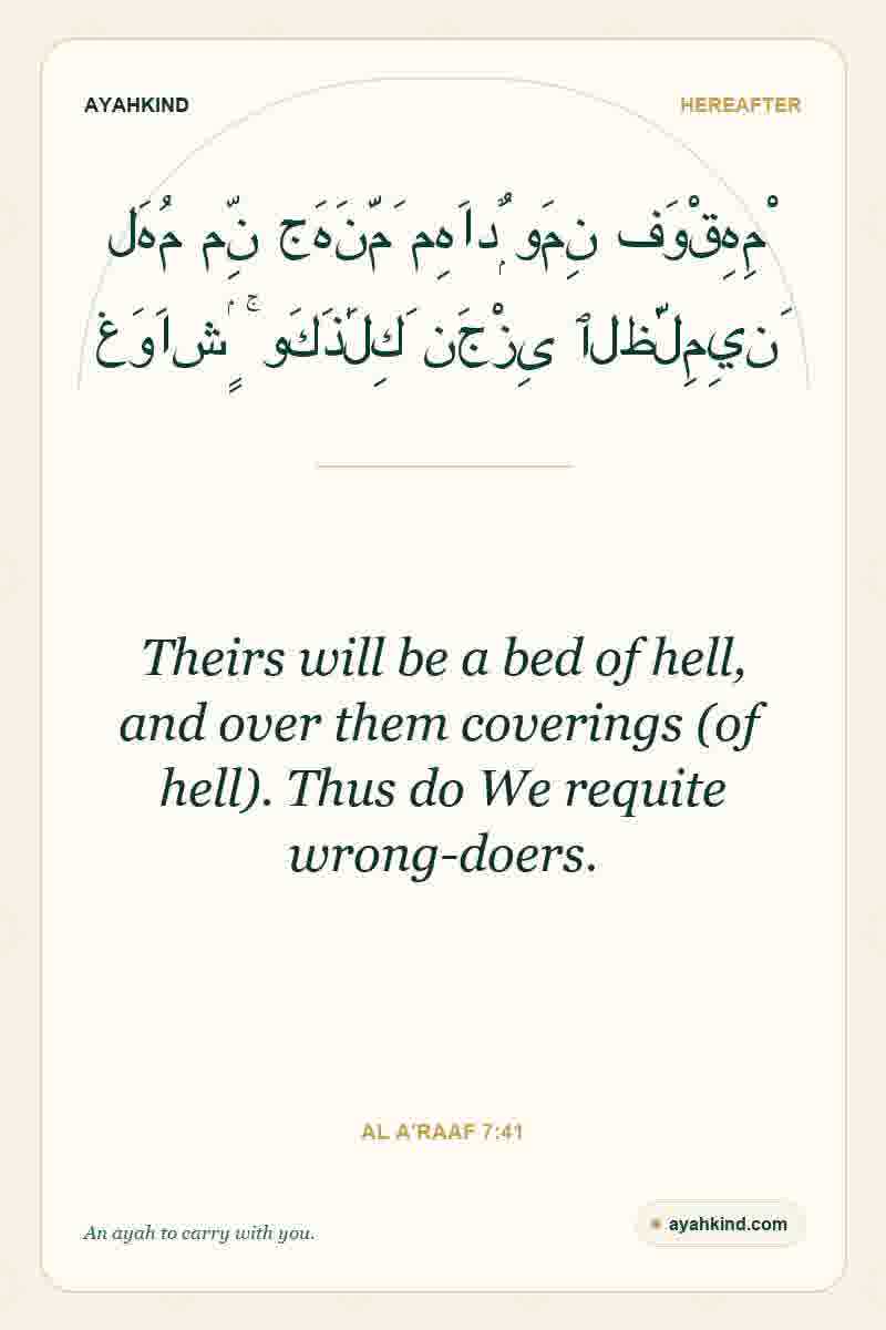 Theirs will be a bed of hell, and over them coverings (of hell). Thus do We requite wrong-doers. — Al A'raaf 7:41