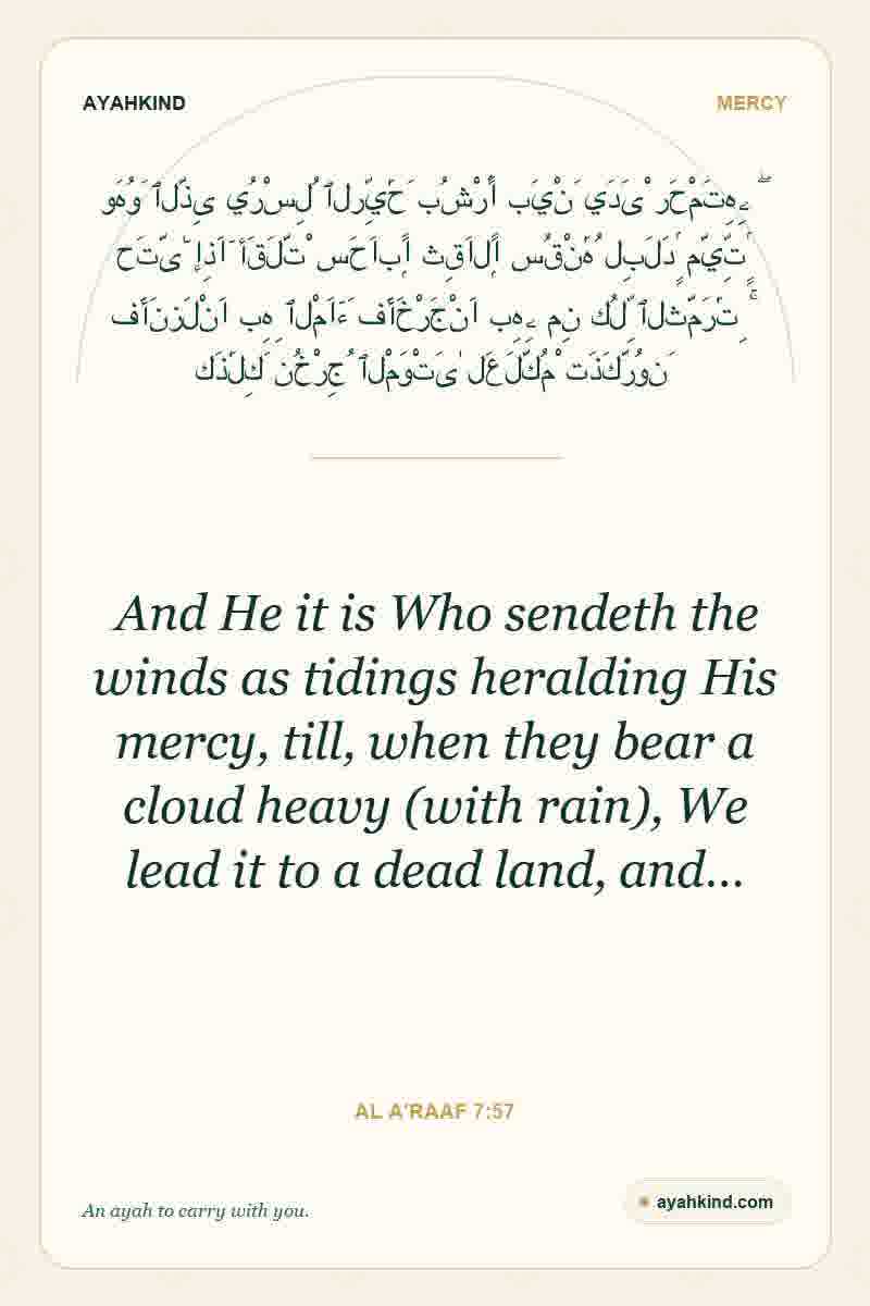 And He it is Who sendeth the winds as tidings heralding His mercy, till, when they bear a cloud heavy (with rain), We lead it to a dead land, and… — Al A'raaf 7:57