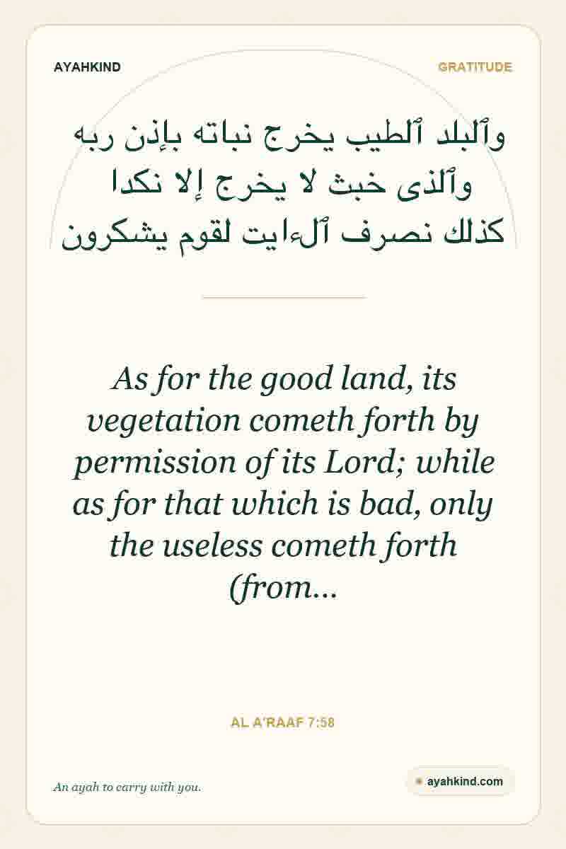 As for the good land, its vegetation cometh forth by permission of its Lord; while as for that which is bad, only the useless cometh forth (from… — Al A'raaf 7:58