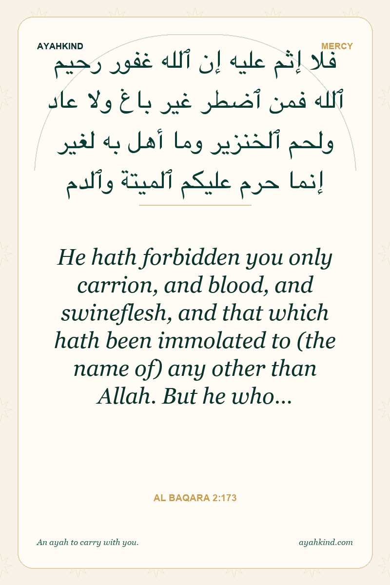 He hath forbidden you only carrion, and blood, and swineflesh, and that which hath been immolated to (the name of) any other than Allah. But he who… — Al Baqara 2:173