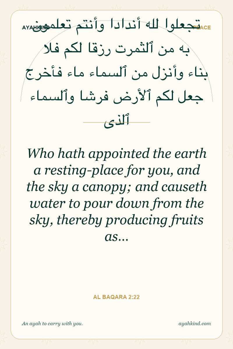 Who hath appointed the earth a resting-place for you, and the sky a canopy; and causeth water to pour down from the sky, thereby producing fruits as… — Al Baqara 2:22