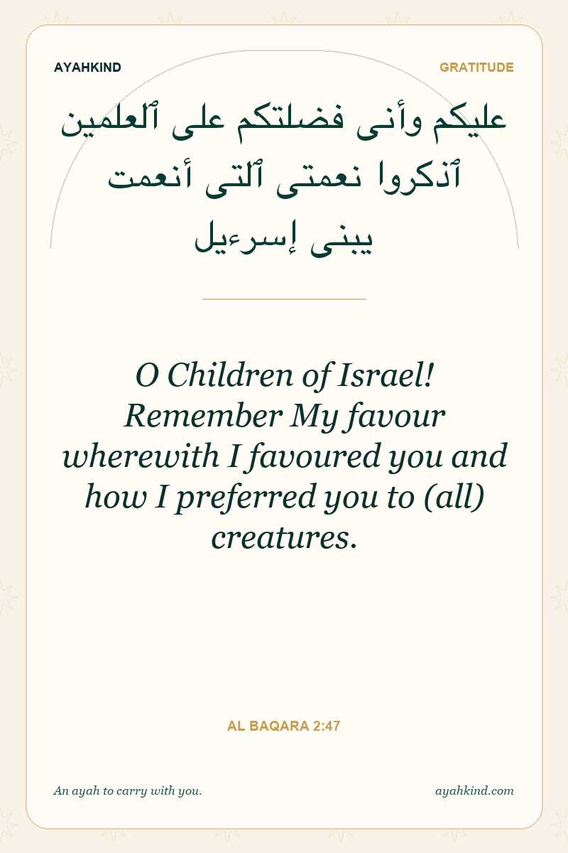 O Children of Israel! Remember My favour wherewith I favoured you and how I preferred you to (all) creatures. — Al Baqara 2:47