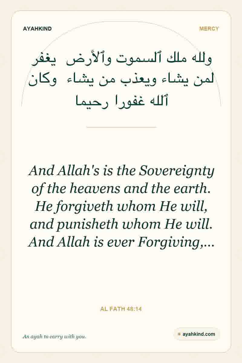 And Allah's is the Sovereignty of the heavens and the earth. He forgiveth whom He will, and punisheth whom He will. And Allah is ever Forgiving,… — Al Fath 48:14