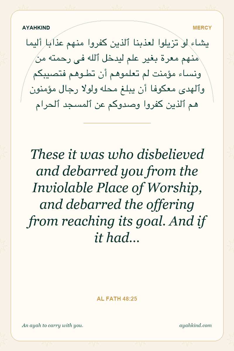These it was who disbelieved and debarred you from the Inviolable Place of Worship, and debarred the offering from reaching its goal. And if it had… — Al Fath 48:25