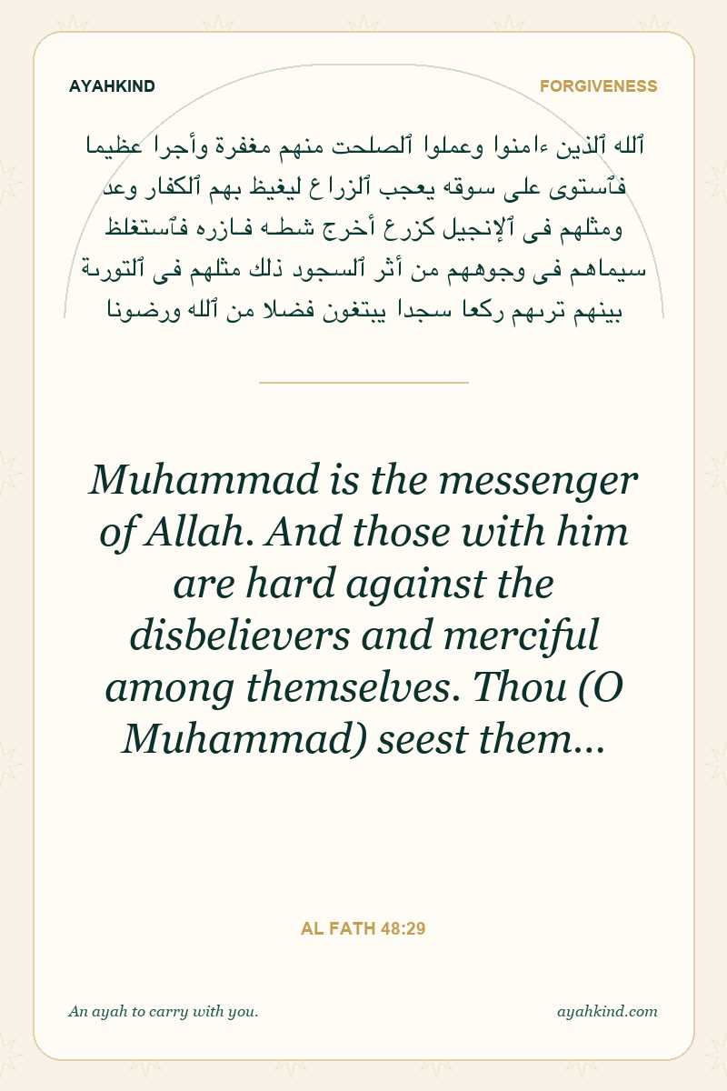 Muhammad is the messenger of Allah. And those with him are hard against the disbelievers and merciful among themselves. Thou (O Muhammad) seest them… — Al Fath 48:29