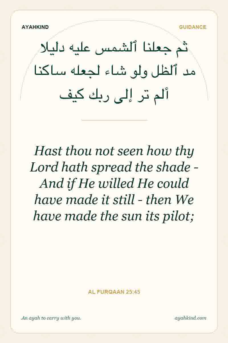 Hast thou not seen how thy Lord hath spread the shade - And if He willed He could have made it still - then We have made the sun its pilot; — Al Furqaan 25:45