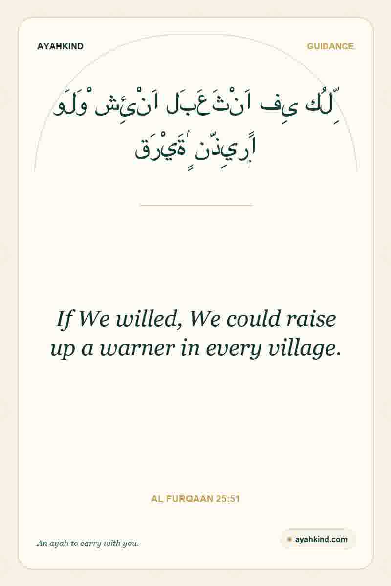If We willed, We could raise up a warner in every village. — Al Furqaan 25:51