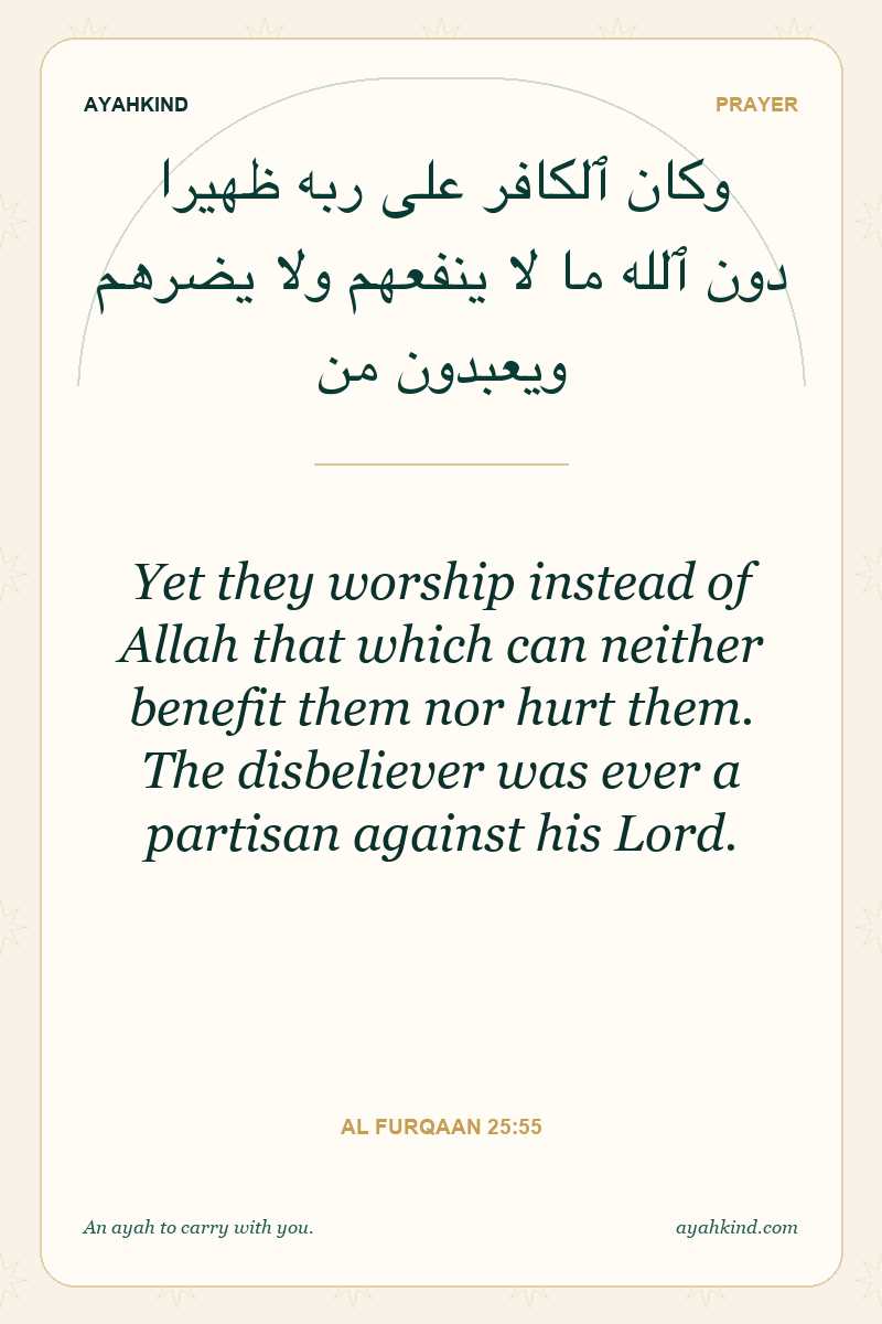 Yet they worship instead of Allah that which can neither benefit them nor hurt them. The disbeliever was ever a partisan against his Lord. — Al Furqaan 25:55