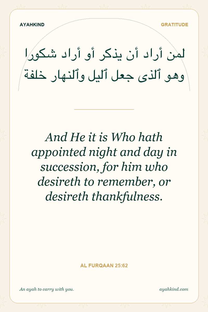 And He it is Who hath appointed night and day in succession, for him who desireth to remember, or desireth thankfulness. — Al Furqaan 25:62