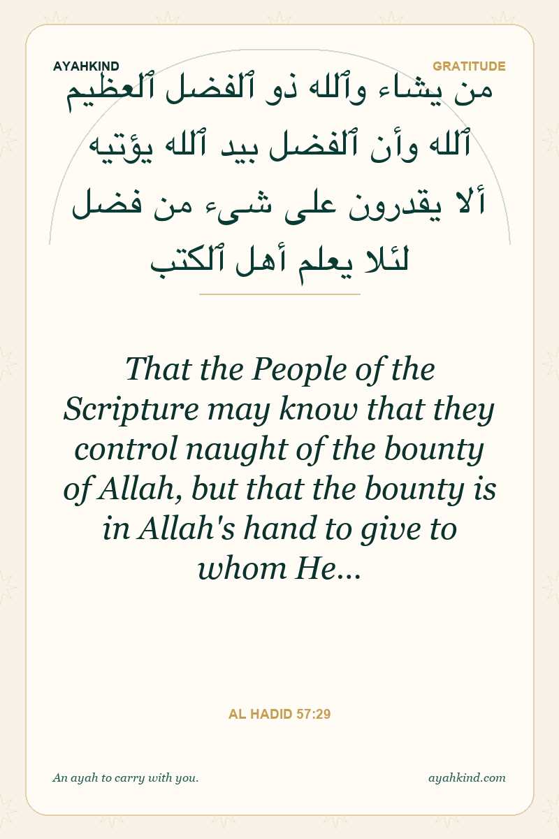 That the People of the Scripture may know that they control naught of the bounty of Allah, but that the bounty is in Allah's hand to give to whom He… — Al Hadid 57:29