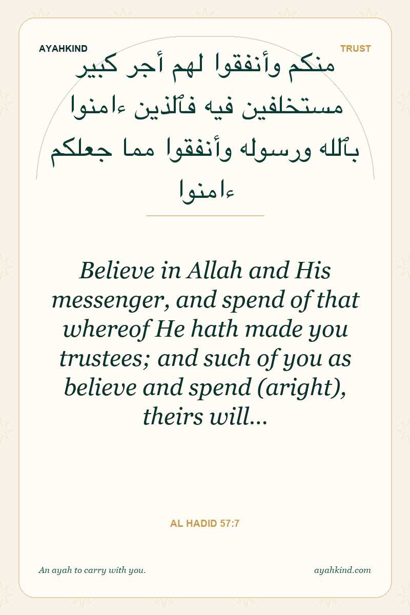 Believe in Allah and His messenger, and spend of that whereof He hath made you trustees; and such of you as believe and spend (aright), theirs will… — Al Hadid 57:7