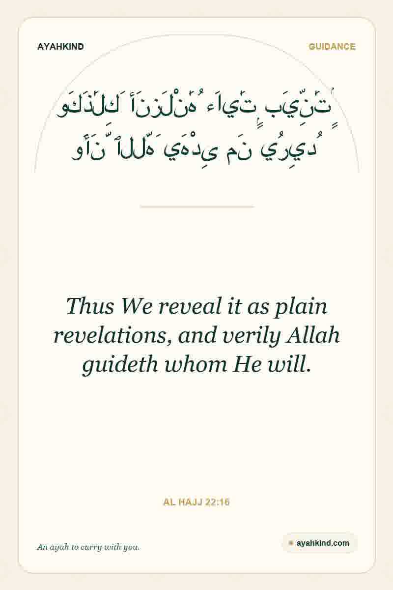 Thus We reveal it as plain revelations, and verily Allah guideth whom He will. — Al Hajj 22:16