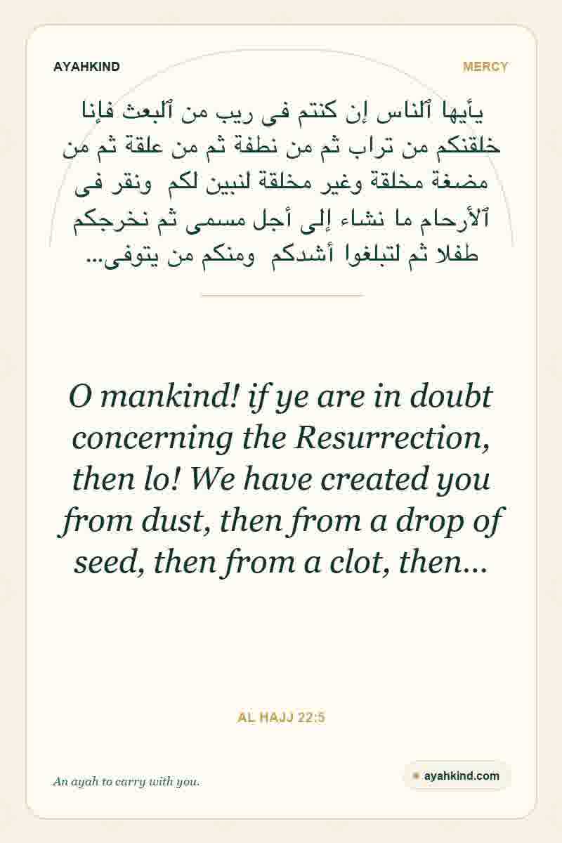 O mankind! if ye are in doubt concerning the Resurrection, then lo! We have created you from dust, then from a drop of seed, then from a clot, then… — Al Hajj 22:5