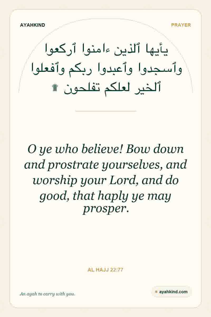 O ye who believe! Bow down and prostrate yourselves, and worship your Lord, and do good, that haply ye may prosper. — Al Hajj 22:77