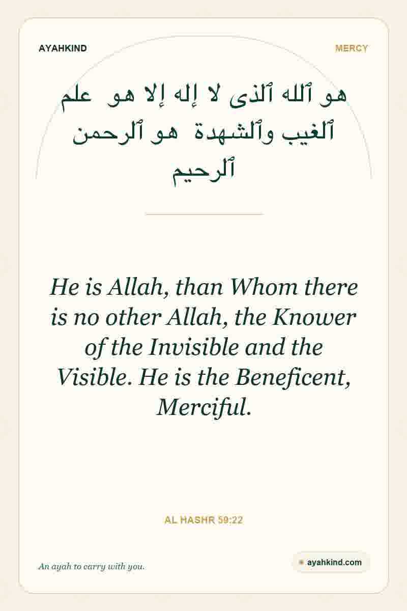 He is Allah, than Whom there is no other Allah, the Knower of the Invisible and the Visible. He is the Beneficent, Merciful. — Al Hashr 59:22