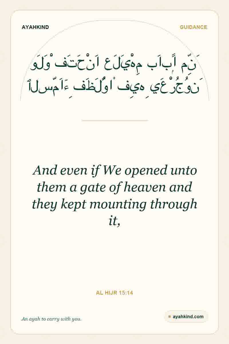 And even if We opened unto them a gate of heaven and they kept mounting through it, — Al Hijr 15:14