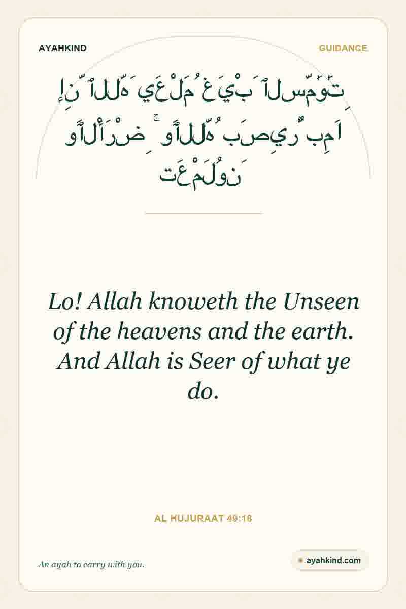 Lo! Allah knoweth the Unseen of the heavens and the earth. And Allah is Seer of what ye do. — Al Hujuraat 49:18