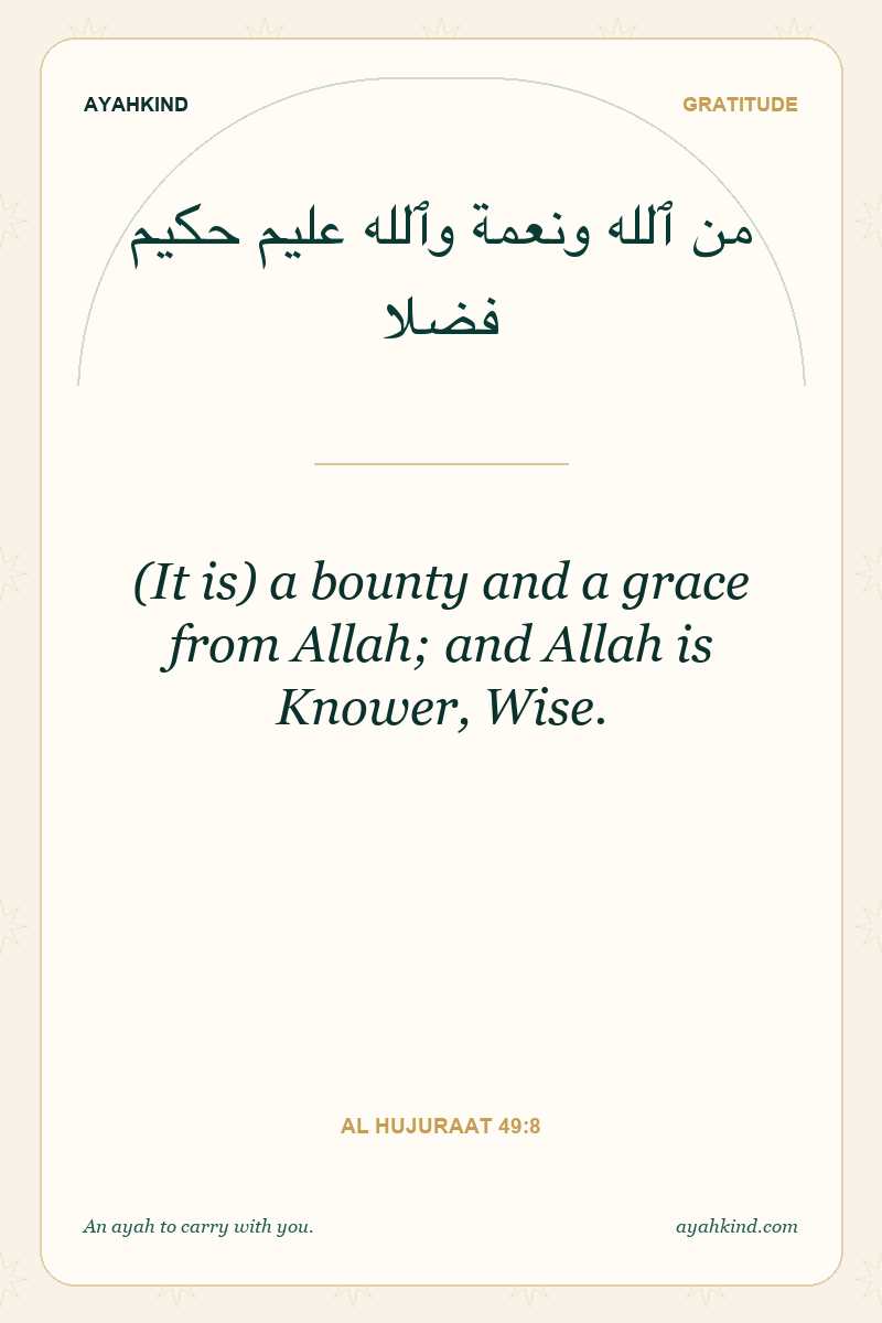 (It is) a bounty and a grace from Allah; and Allah is Knower, Wise. — Al Hujuraat 49:8