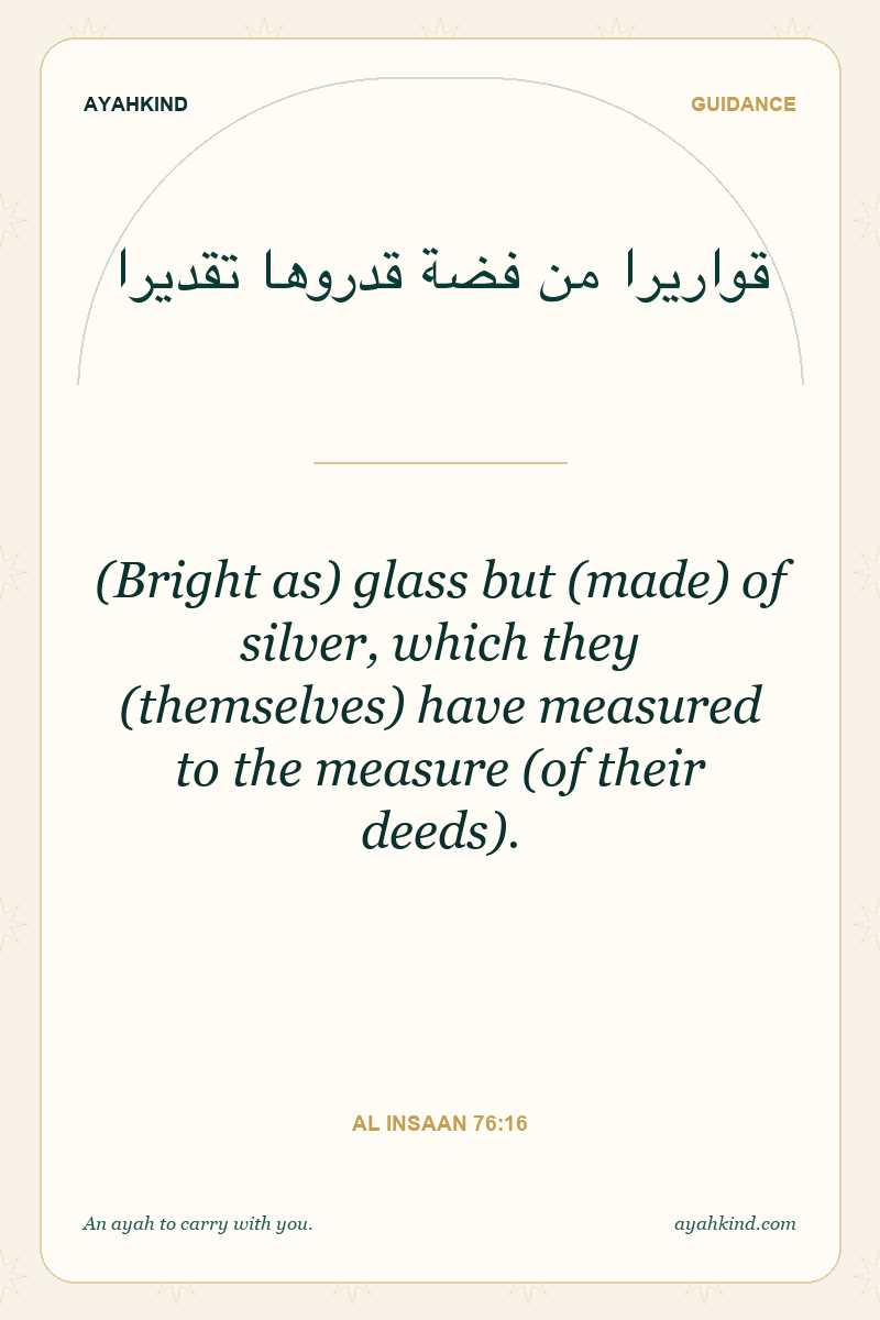 (Bright as) glass but (made) of silver, which they (themselves) have measured to the measure (of their deeds). — Al Insaan 76:16