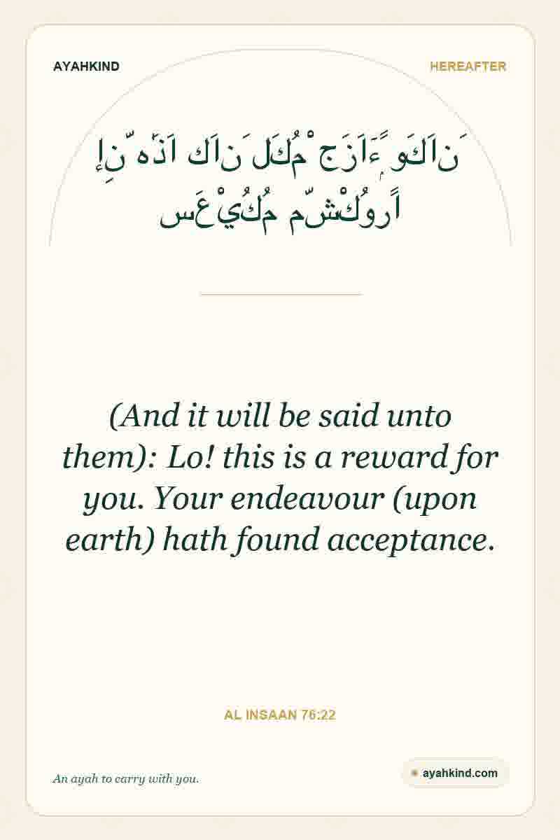 (And it will be said unto them): Lo! this is a reward for you. Your endeavour (upon earth) hath found acceptance. — Al Insaan 76:22